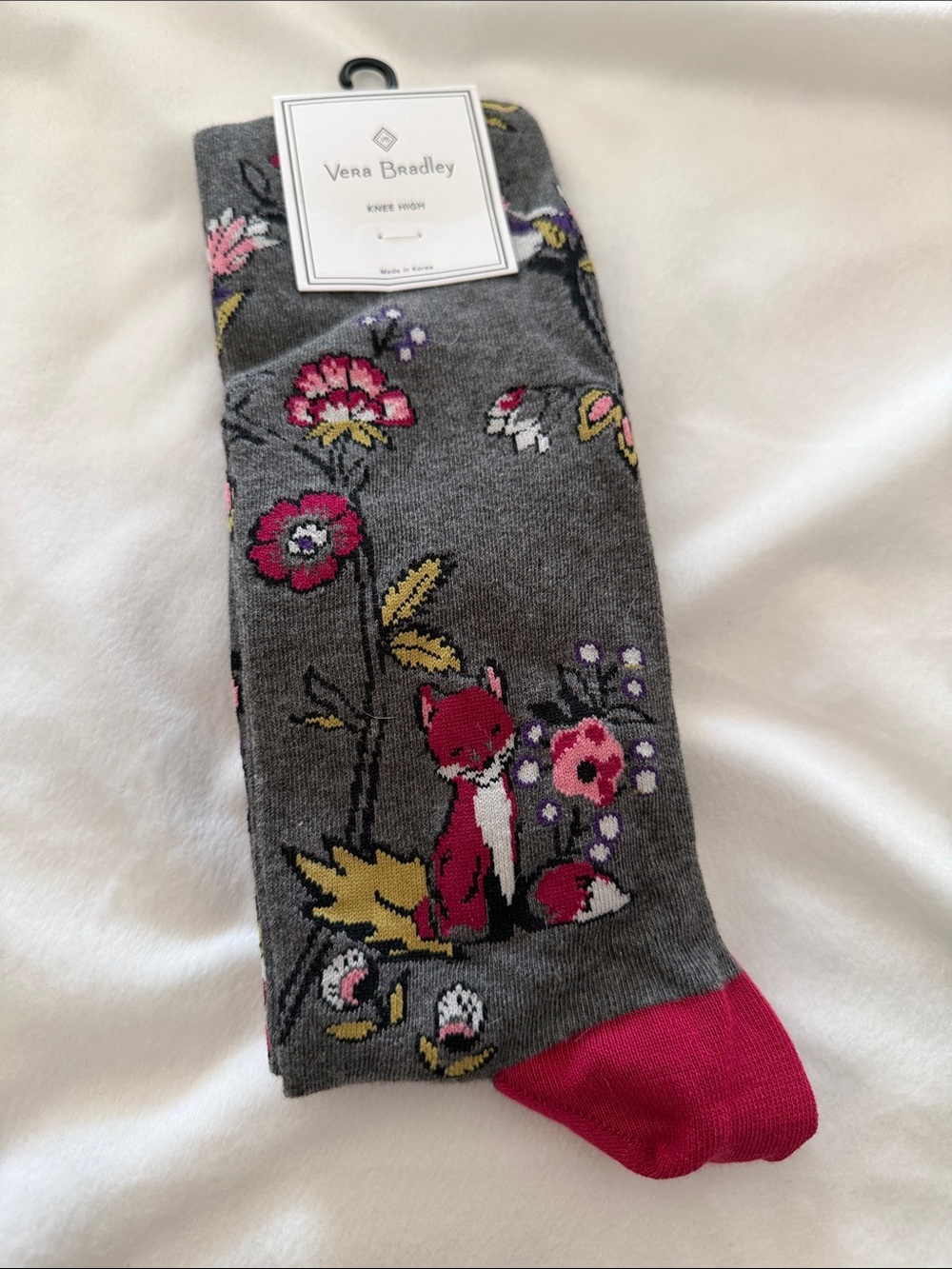 Vera Bradley Gray Knee High Socks with Pink Fox and Floral Motif
